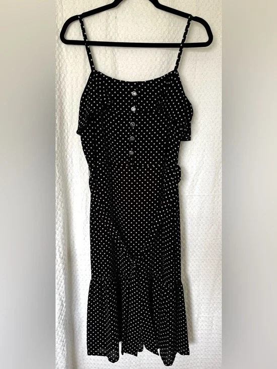Lauren Ralph Lauren Black Polka Dot Midi Dress Sz. 12 NWT Spaghetti Strap Ruffle - Picture 1 of 5